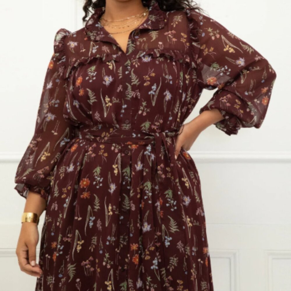 ELOQUII Elements Women's Shirt Casual Long Sleeve Ruffles Dress